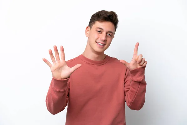 Young Handsome Brazilian Man Isolated White Background Counting Seven Fingers — стокове фото