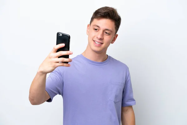 Young Handsome Brazilian Man Isolated White Background Making Selfie — стокове фото