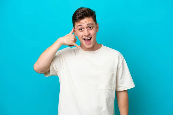 Young Handsome Brazilian Man Isolated Blue Background Making Phone Gesture — Fotografia de Stock