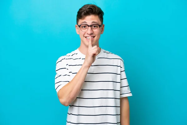 Young Handsome Brazilian Man Isolated Blue Background Showing Sign Silence — 图库照片