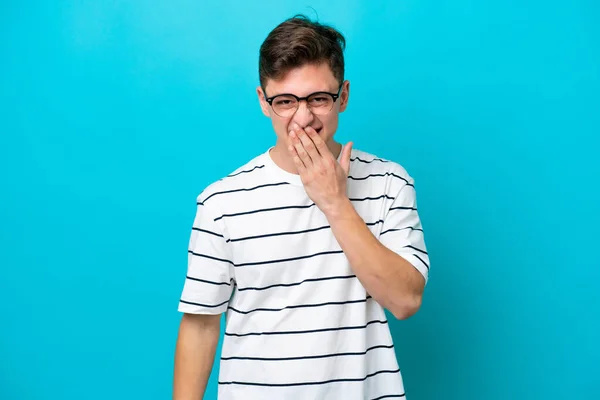 Young Handsome Brazilian Man Isolated Blue Background Happy Smiling Covering — стоковое фото