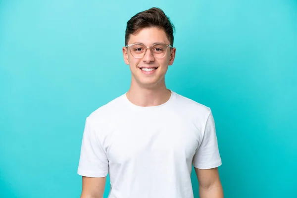Young Handsome Brazilian Man Isolated Blue Background Glasses Happy Expression — стоковое фото