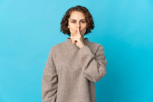 Young English Woman Isolated Blue Background Showing Sign Silence Gesture — Stockfoto