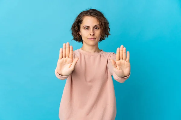 Young English Woman Isolated Blue Background Making Stop Gesture Disappointed — Stockfoto