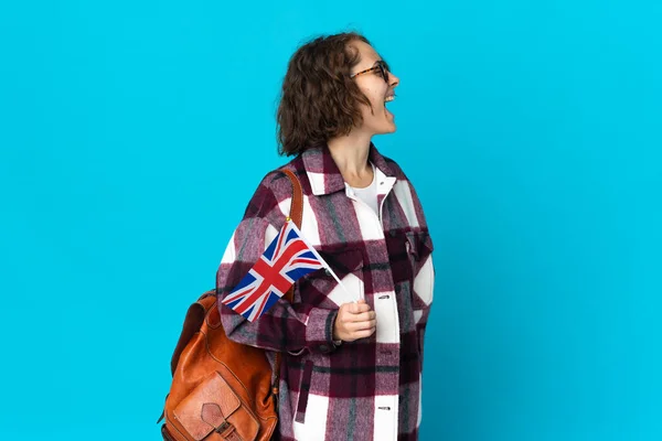 Young English Woman Holding United Kingdom Flag Isolated Blue Background — 图库照片