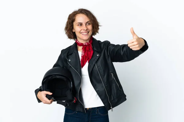 Engelska Kvinna Som Håller Motorcykel Hjälm Isolerad Vit Bakgrund Ger — Stockfoto