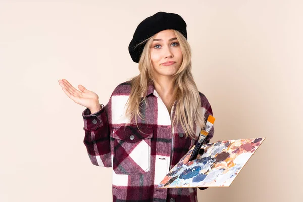 Tonåring Artist Flicka Som Håller Palett Isolerad Blå Bakgrund Gör — Stockfoto