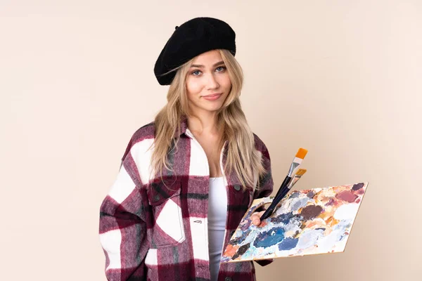 Adolescente Artista Menina Segurando Uma Paleta Isolada Fundo Azul Com — Fotografia de Stock