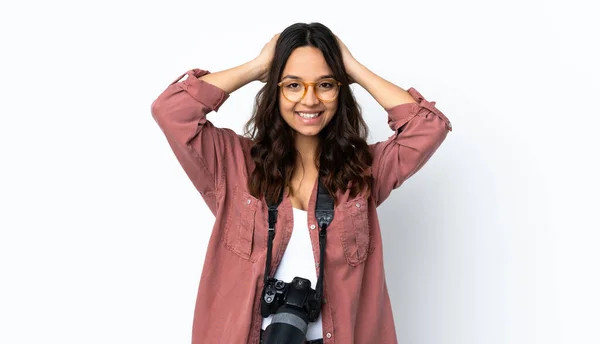 Young Photographer Woman Isolated White Background Laughing — Stock Photo, Image
