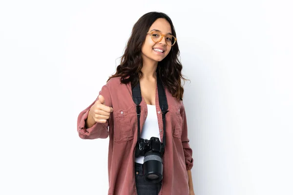 Young Photographer Woman Isolated White Background Thumbs Because Something Good — Stock Photo, Image