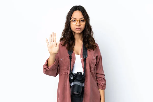 Young Photographer Woman Isolated White Background Making Stop Gesture — Stockfoto