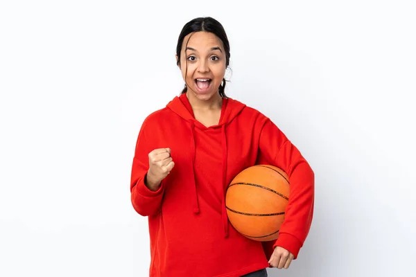 Young Woman Playing Basketball Isolated White Background Celebrating Victory Winner — Fotografia de Stock