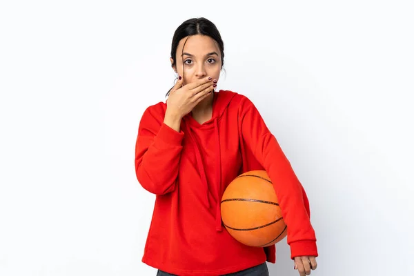 Young Woman Playing Basketball Isolated White Background Covering Mouth Hand — Stockfoto
