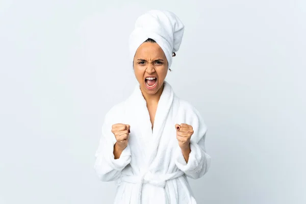 Young Woman Bathrobe Isolated White Background Frustrated Bad Situation — ストック写真