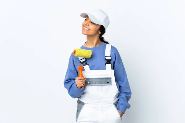 Painter Woman Isolated White Background Looking Side — Foto Stock