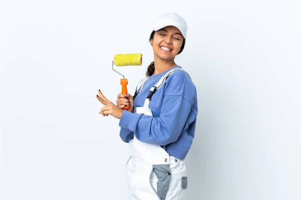 Pintor Mulher Sobre Isolado Fundo Branco Sorrindo Mostrando Sinal Vitória — Fotografia de Stock