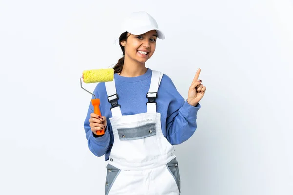 Painter Woman Isolated White Background Showing Lifting Finger Sign Best — Foto Stock