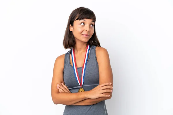 Young Mixed Race Woman Medals Isolated White Background Happy Smiling — Stock Fotó