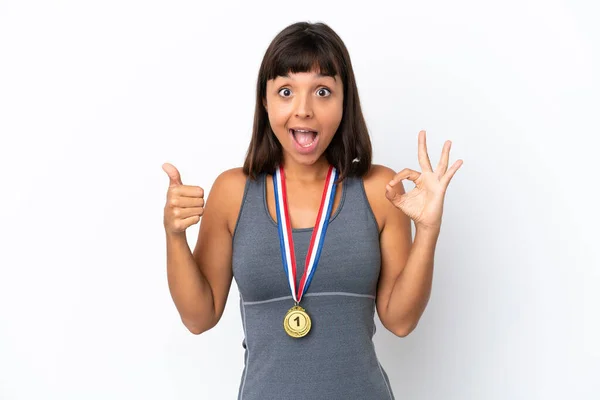 Young Mixed Race Woman Medals Isolated White Background Showing Sign —  Fotos de Stock