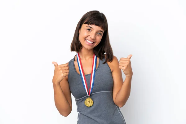 Young Mixed Race Woman Medals Isolated White Background Thumbs Gesture — Stock Fotó