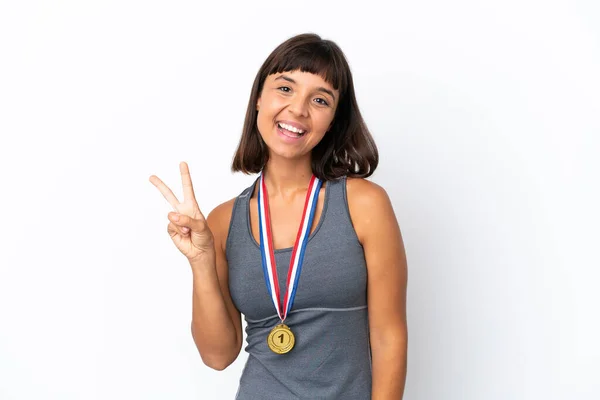 Young Mixed Race Woman Medals Isolated White Background Smiling Showing — Φωτογραφία Αρχείου