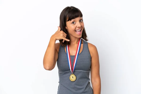 Young Mixed Race Woman Medals Isolated White Background Making Phone — Stock Photo, Image