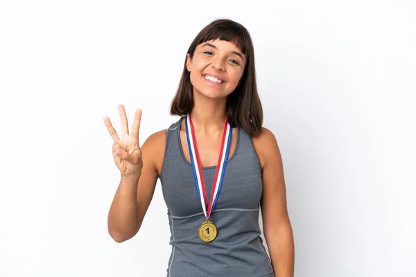 Young Mixed Race Woman Medals Isolated White Background Happy Counting — Stock Fotó