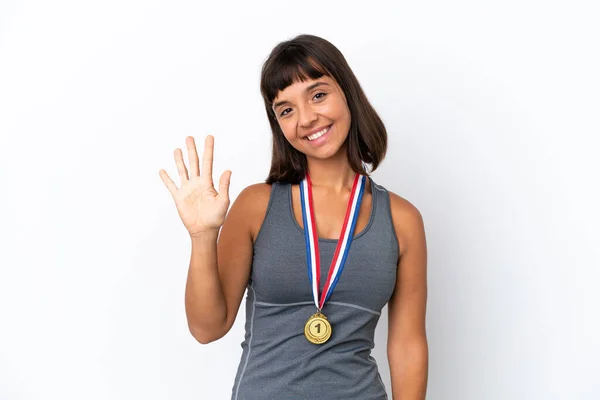 Young Mixed Race Woman Medals Isolated White Background Counting Five — Stock fotografie