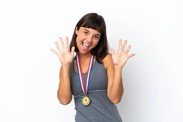 Young Mixed Race Woman Medals Isolated White Background Counting Ten — Stock fotografie