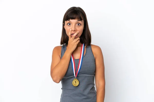 Young Mixed Race Woman Medals Isolated White Background Surprised Shocked — Fotografia de Stock