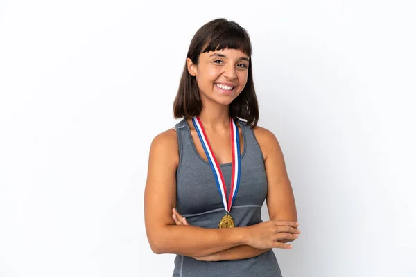 Young Mixed Race Woman Medals Isolated White Background Arms Crossed — Foto Stock