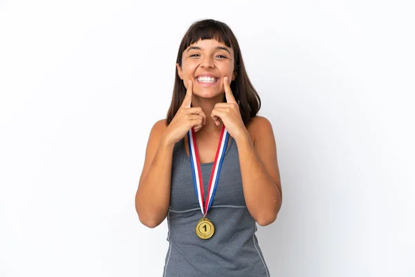 Young Mixed Race Woman Medals Isolated White Background Smiling Happy — Stock fotografie