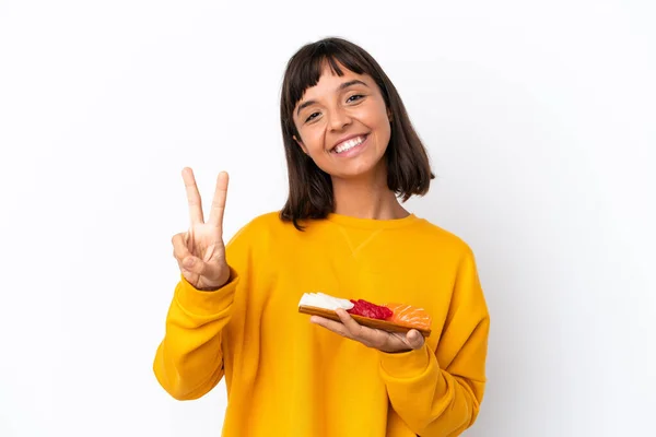 Young Mixed Race Woman Holding Sashimi Isolated White Background Smiling — Fotografia de Stock