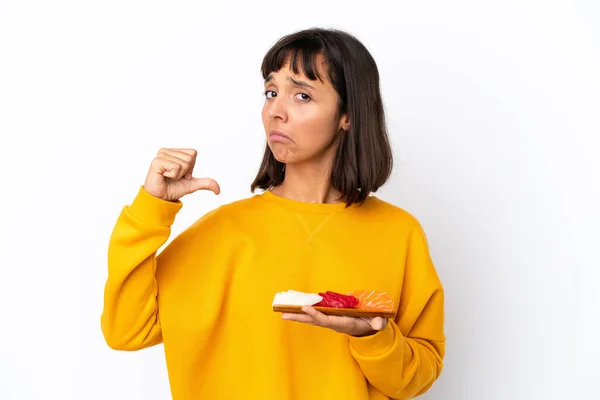 Young Mixed Race Woman Holding Sashimi Isolated White Background Proud — Stockfoto