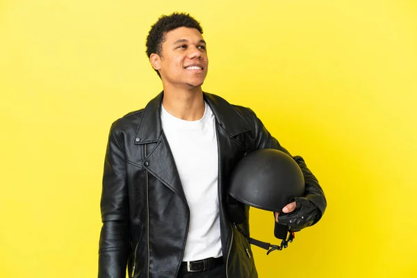 Young African American Man Motorcycle Helmet Isolated Yellow Background Thinking — Foto Stock