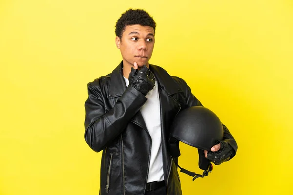 Young African American Man Motorcycle Helmet Isolated Yellow Background Having — Stok Foto