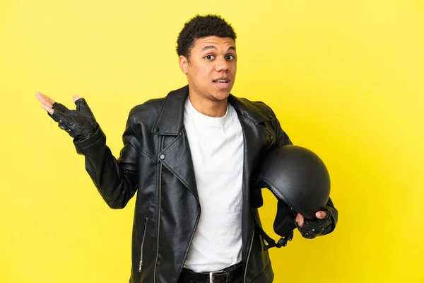 Young African American Man Motorcycle Helmet Isolated Yellow Background Shocked — 图库照片
