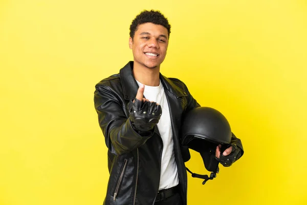 Young African American Man Motorcycle Helmet Isolated Yellow Background Doing — Foto Stock