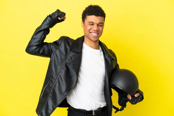 Young African American Man Motorcycle Helmet Isolated Yellow Background Doing — Foto Stock