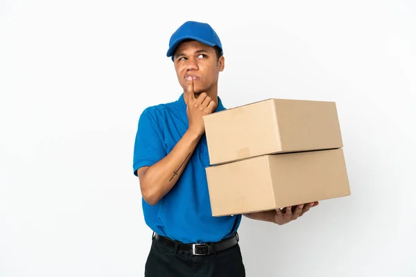 Delivery African American Man Isolated White Background Having Doubts While — Fotografia de Stock