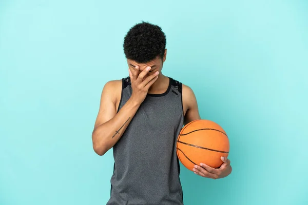 Basketball Player African American Man Isolated Blue Background Tired Sick — Fotografia de Stock