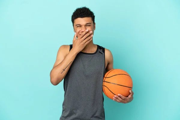 Basketball Player African American Man Isolated Blue Background Happy Smiling — Fotografia de Stock