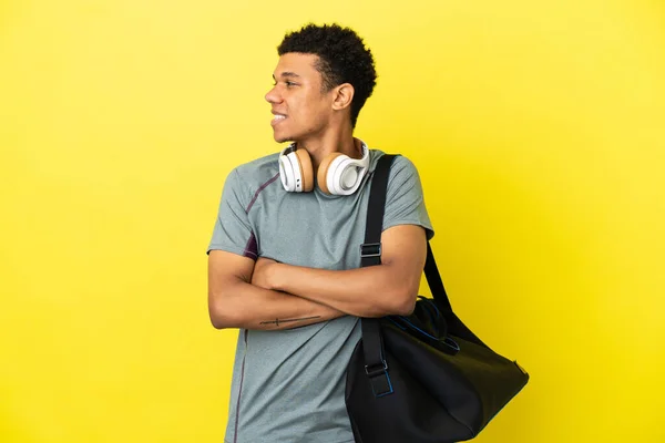 Young Sport African American Man Sport Bag Isolated Yellow Background — Foto Stock