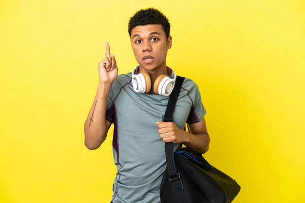 Young Sport African American Man Sport Bag Isolated Yellow Background — Foto Stock