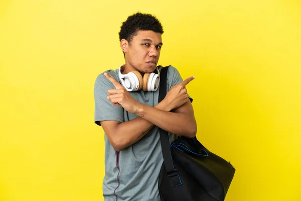 Young Sport African American Man Sport Bag Isolated Yellow Background — Foto Stock