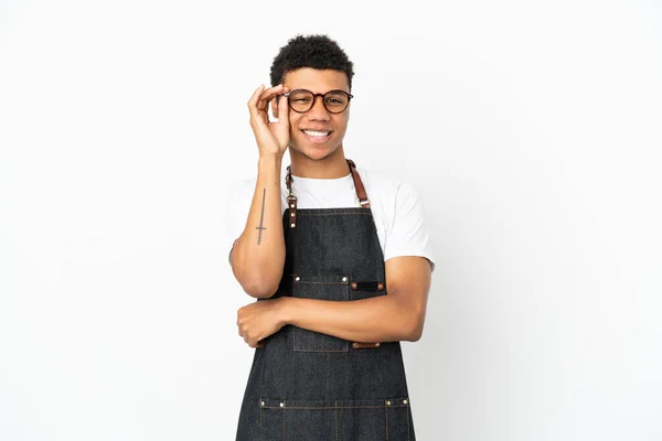 Restaurant African American Waiter Man Isolated White Background Glasses Happy — Stockfoto