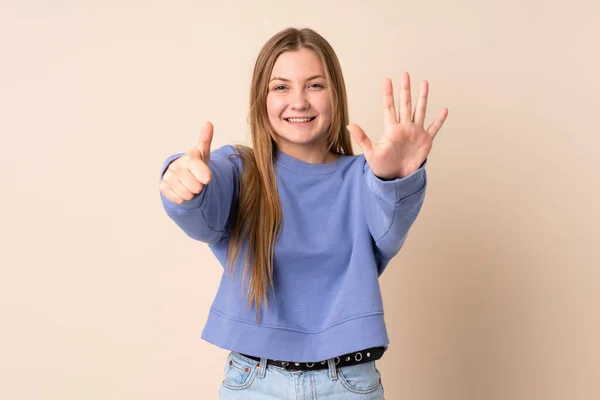 Teenager Ukrainian Girl Isolated Beige Background Counting Six Fingers — стокове фото