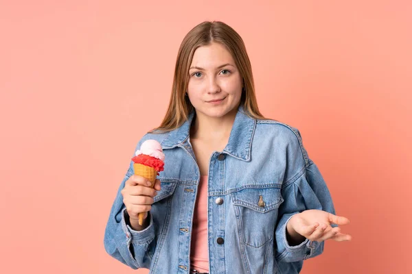 Teenager Ukrainian Girl Cornet Ice Cream Isolated Pink Background Making — Stockfoto