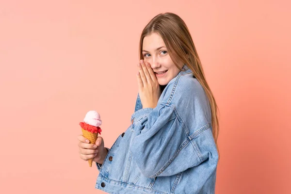 Teenager Ukrainian Girl Cornet Ice Cream Isolated Pink Background Whispering — Stockfoto