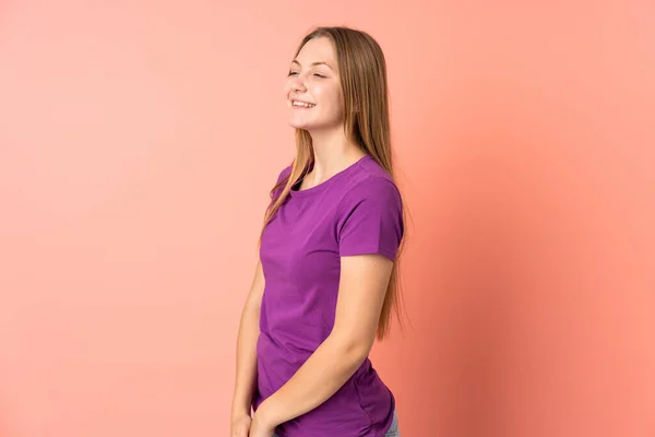 Teenager Ukrainian Girl Isolated Pink Background Looking Side — Stock Photo, Image